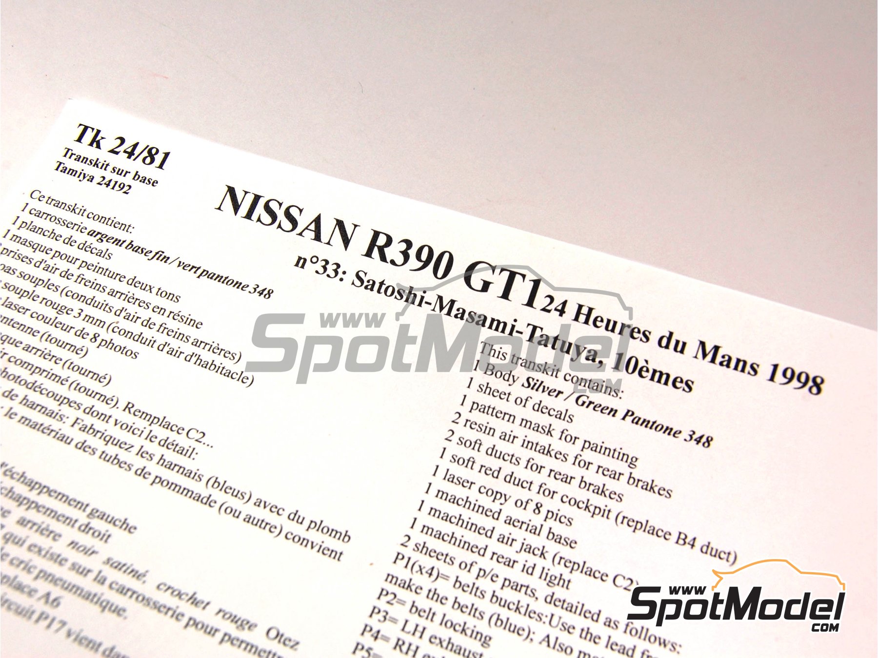 Renaissance Models TK24/081: Marking / livery 1/24 scale - Nissan R390 GT1  sponsored by Jomo #33 - Satoshi Motoyama (JP) + Masami Kageyama (JP) +  Takuya Kurosawa (JP) - 24 Hours Le Mans 1998 - for Tamiya reference  TAM24192 (ref. TK24-081) | SpotModel